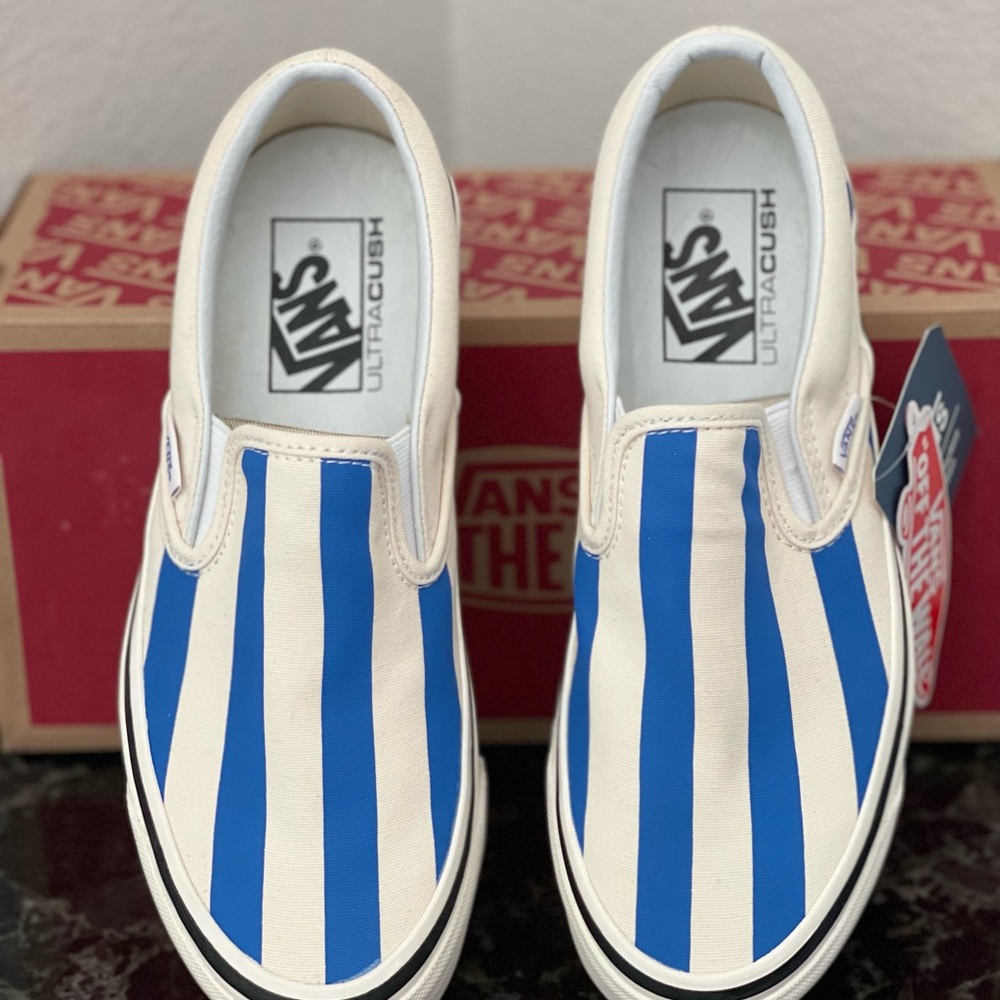 Beach Blue White Striped Vans | Rare Anaheim CA Factory Vans | Size 6.5